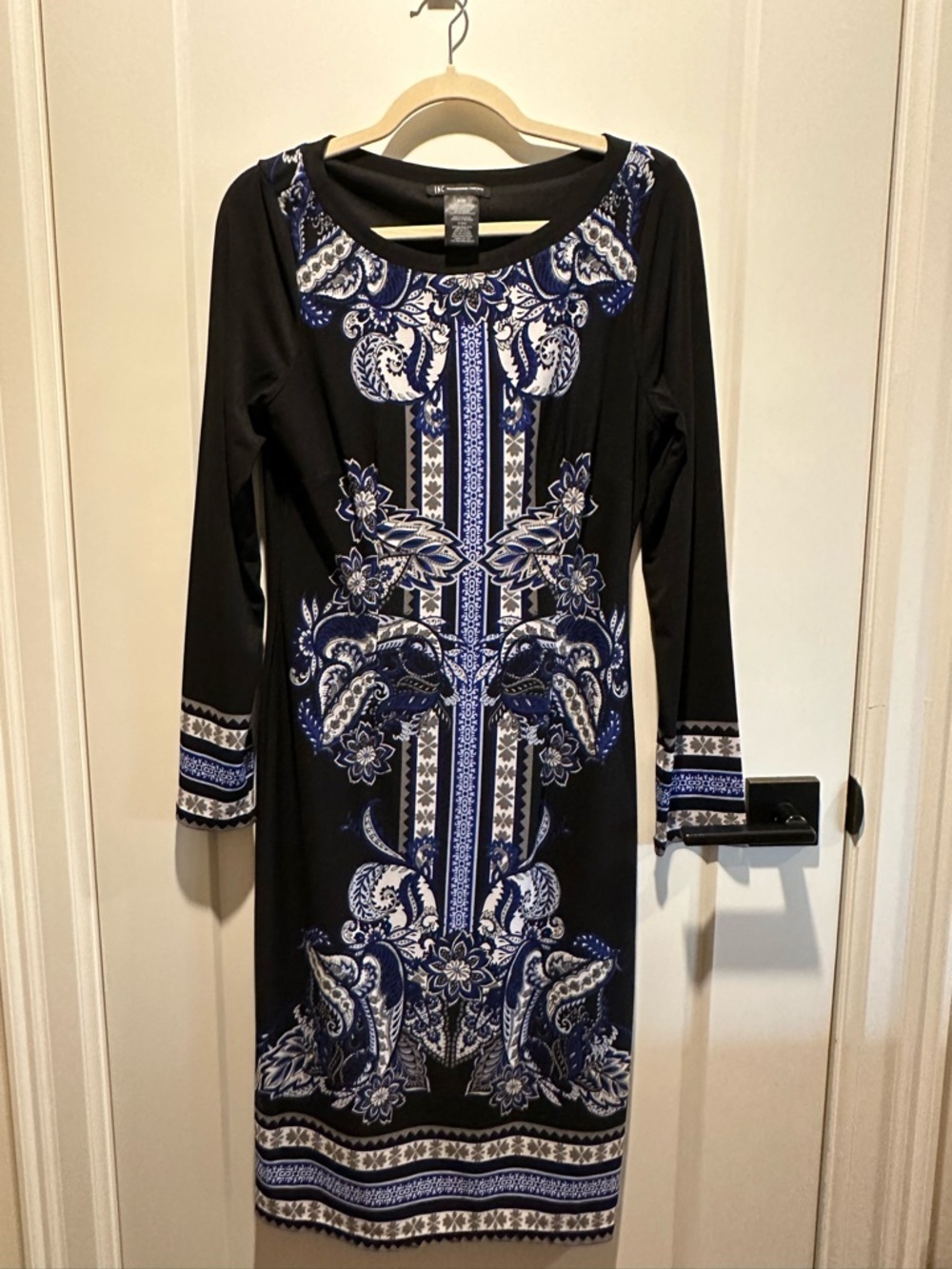 INC International Concepts Black Dress with Blue White Paisley Print